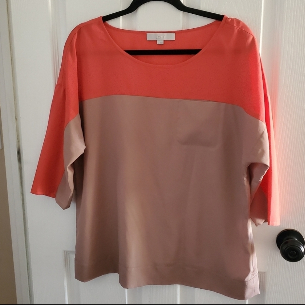 LOFT Coral and Taupe Colorblock Blouse